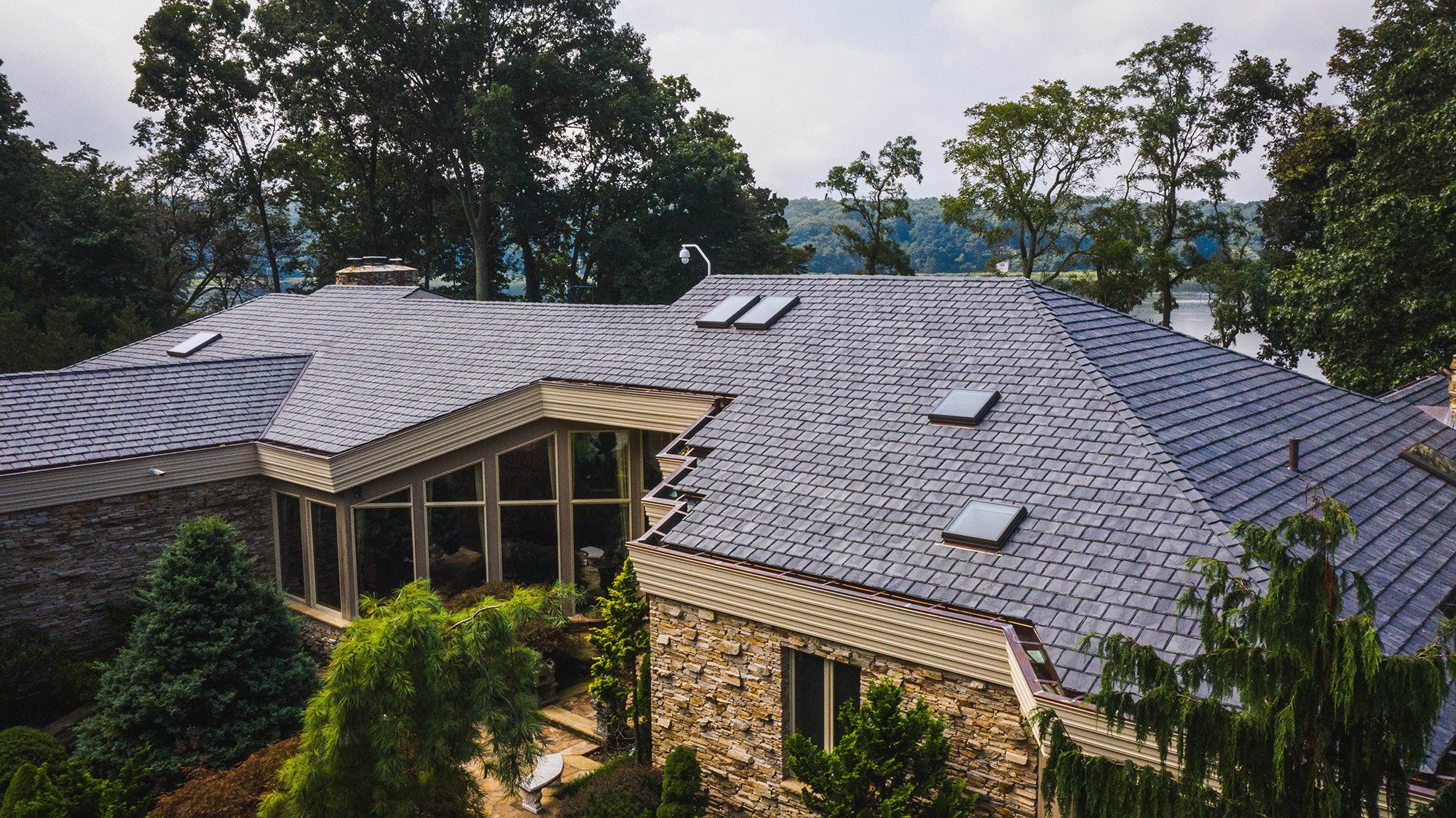 drone photo of roof with Brava composite roof tile.