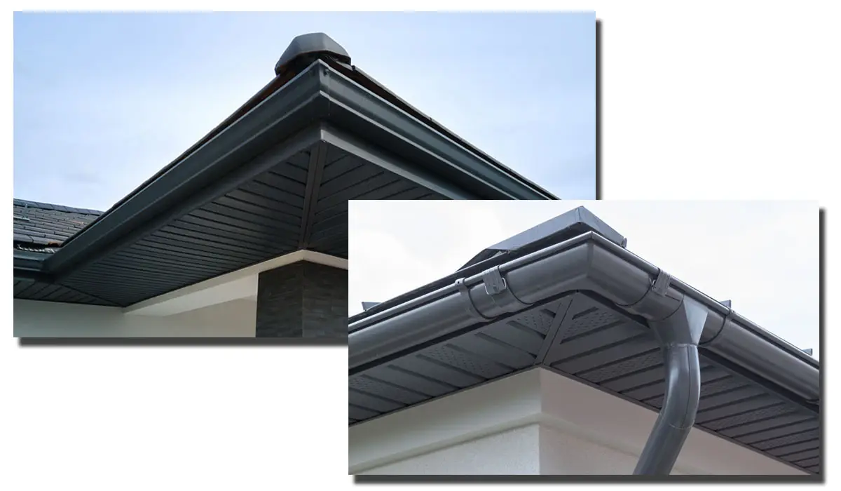 Gutter maintenance on residential roofs. Steel gutter installation.