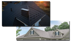 Roofing trends: Black metal tile and asphalt shingles roofing.