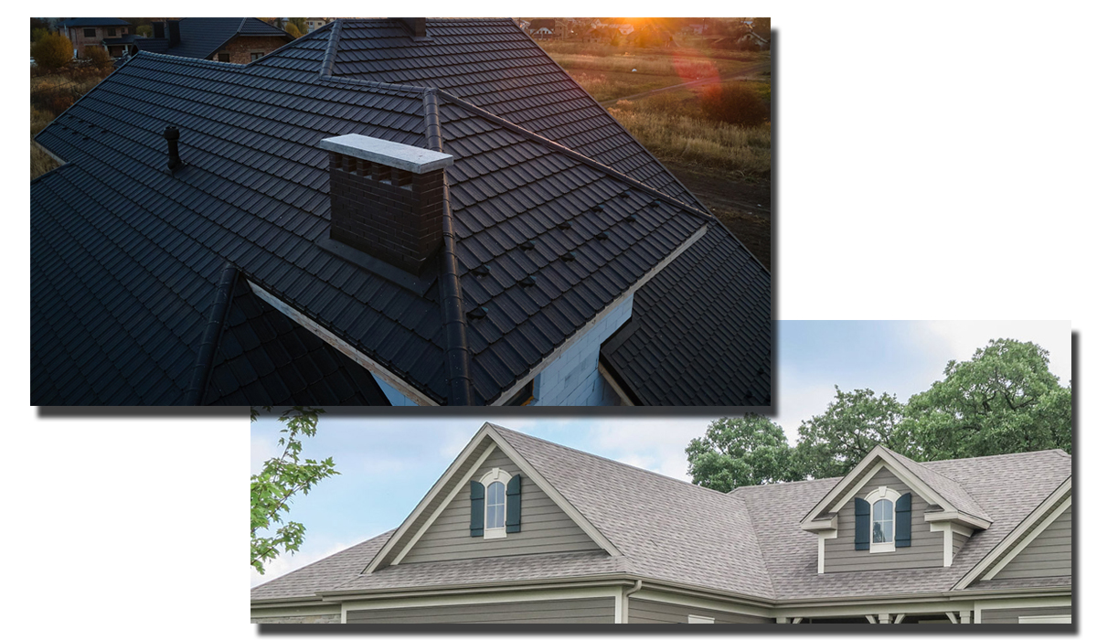 Roofing trends: Black metal tile and asphalt shingles roofing.