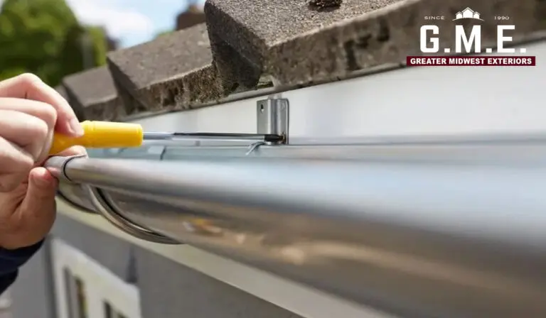 Man installing half- round gutters on the roof. Gutter care services are made easy with GME.