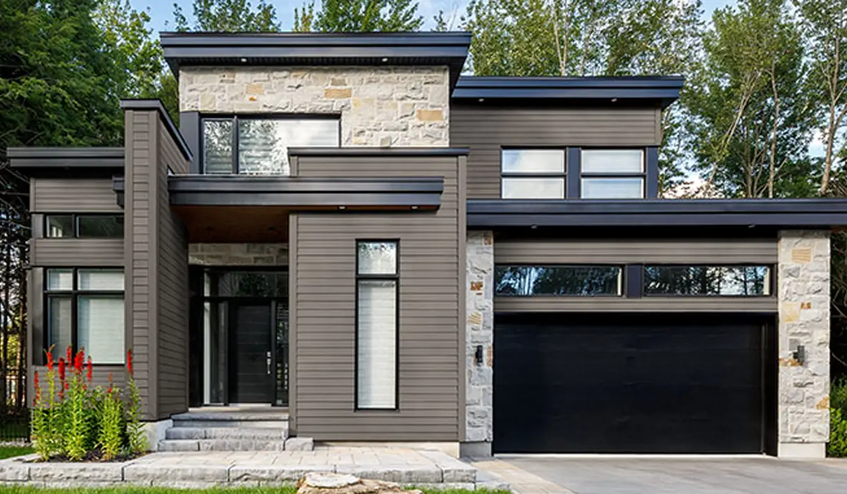 A two-storey house with modern exterior siding design. James Hardie siding services.