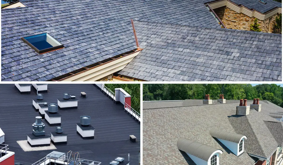 Modern roofing technology on residential homes. Roof shingles and commercial roofing types.