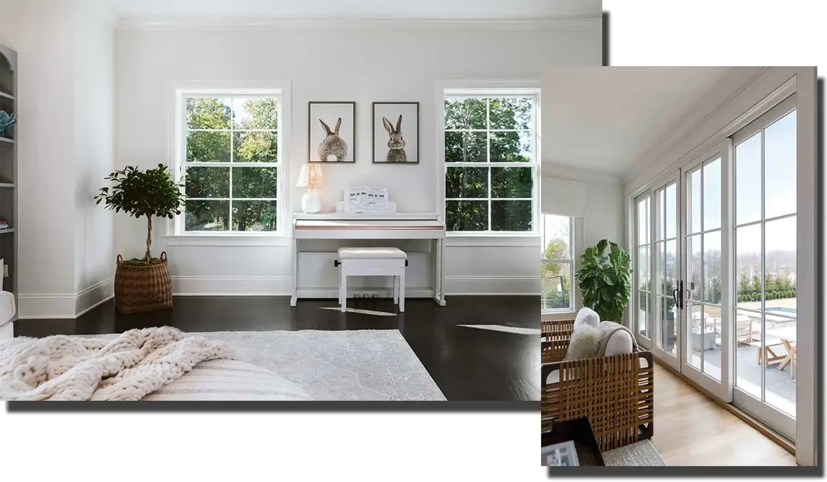 Modern window styles for minimalistic room spaces. Small spaces with rectangular windows and sliding doors.