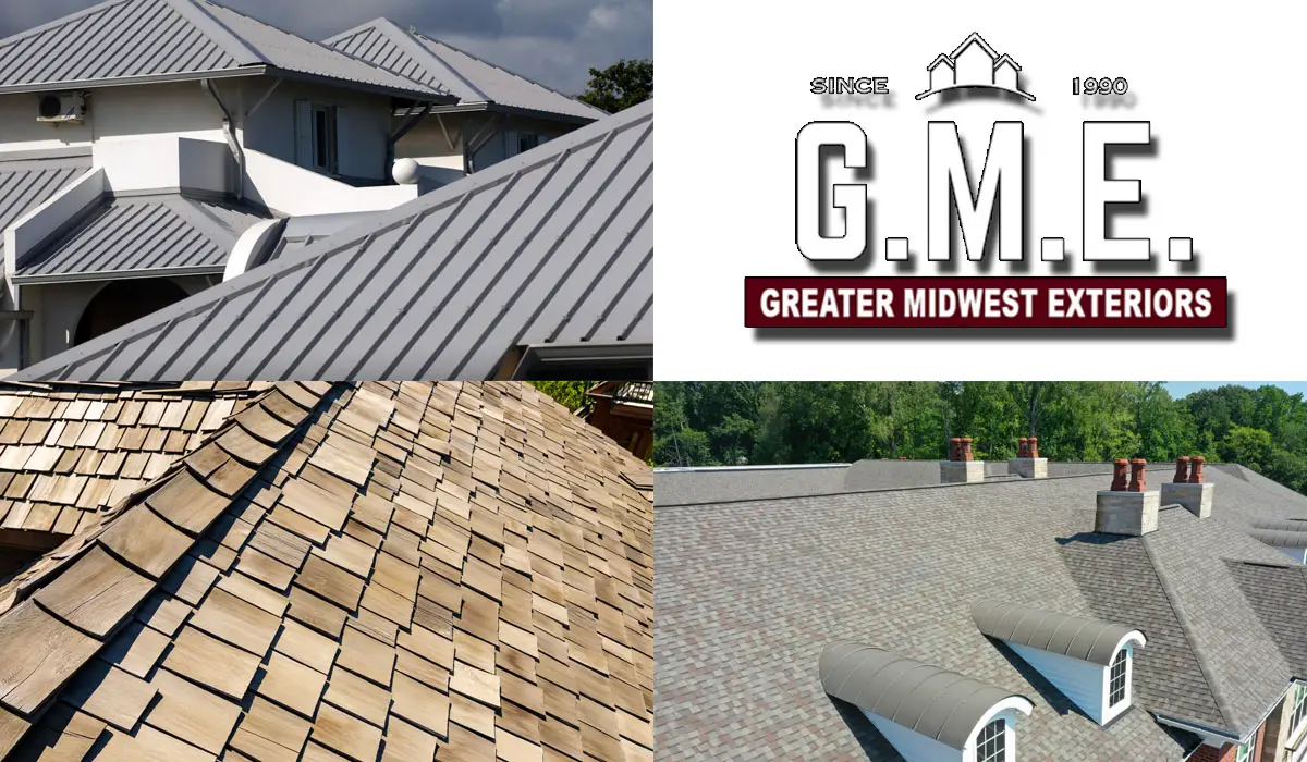 Roof replacement materials: cedar shakes, metal roofing, and roof shingles.