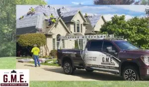 GME team installing new residential roofing for home stormproofing with company truck in foreground.